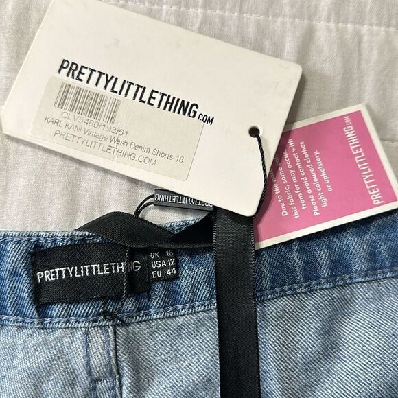 PLT x KARL KANI US12 Medium Vintage Wash Denim Cut Off Raw Fringe Hem Shorts - Picture 8 of 9